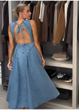 Fashion Solid Long Denim Vestidos Women Sleeveless OffShoulder Lace Up Backless Square Neck Jeans Dresses 2025 Chic Street Wear PfotenSpaß