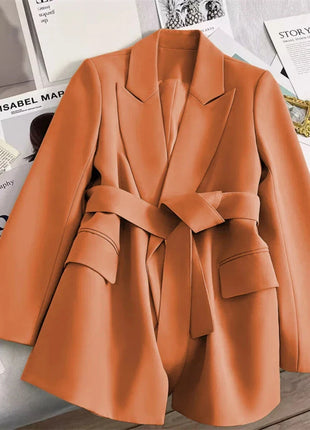 Women's Blazers Spring Autumn Suit Coat Beige Tie Up Jacket Slim Fit Stylish Top Outerwear Office Lady Blazer for Women Clothing QDMUCHENLUOKE Store