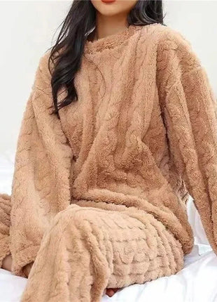 Soft Coral Velvet Jacquard Warm Pajama Set for Women Cozy Loungewear Outerwear for Winter Christmas Back to School Gift ﻿ Trendora Store