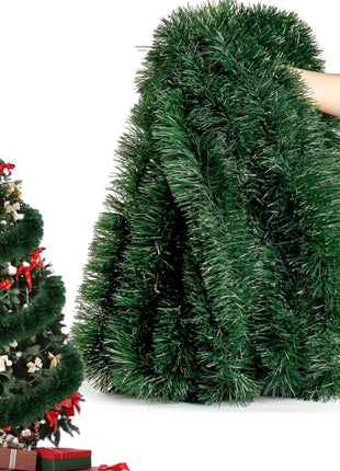 Sggvecsy 49.2Ft Christmas Green and White Tinsel Garland Xmas Tree Decorations Christmas Metallic Twist Garland Ceiling Hanging
