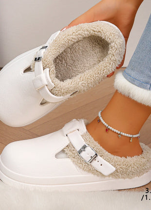 Waterproof Eva Furry Mules Slippers Women 2025 Winter Metal Buckle Warm Plush Slippers Soft Thick Bottom Non Slip Indoor Slides