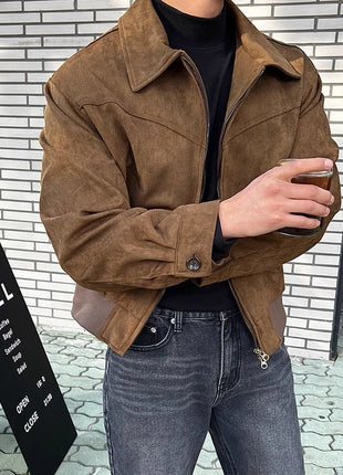 Threebooy Elegant Solid Brown Coat Men's Spring Autumn High-end Loose Lapel Plush Top Winter New Zipper Short Jacket Vintage Streetwear All-in-One Store