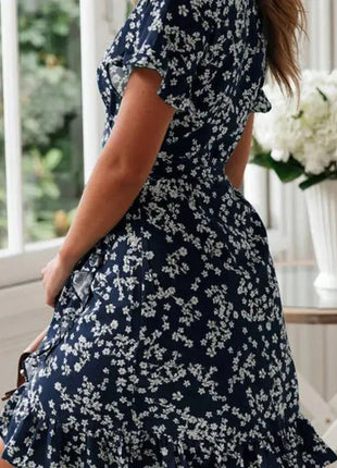 Boho Floral Print Ruffles Women Dress Summer Sexy V Neck Short Sleeve A Line Chiffon Mini Dresses Beach Vacation Sundress Kayle Clothes Store