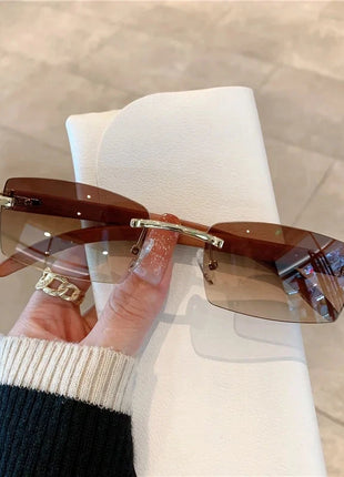 Rimless Wooden Pattern Sunglasses Shiny Apparel Store