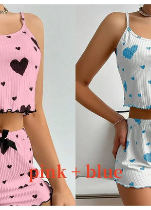 Women's Pajamas Set Sleepwear 2 PCS Short Tank Tops And Shorts S M L White Ventilate Soft Casual Love Printing Hottie Daily Store
