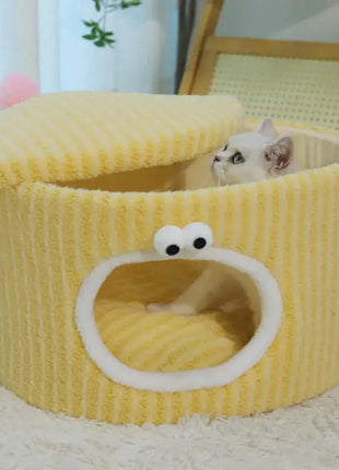 BOOTEELY Cute Cartoon Cat Bed Soft Corduroy Pet Cave With Adorable Face Design Warm Kitten Sleeping Nest Dropshipman