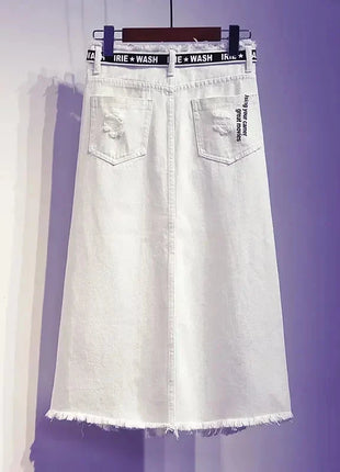 White Denim Letter Print Long Skirt Salty-Candy Store