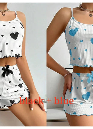Women's Pajamas Set Sleepwear 2 PCS Short Tank Tops And Shorts S M L White Ventilate Soft Casual Love Printing Hottie Daily Store