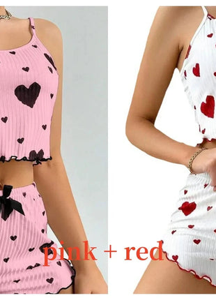 Women's Pajamas Set Sleepwear 2 PCS Short Tank Tops And Shorts S M L White Ventilate Soft Casual Love Printing Hottie Daily Store
