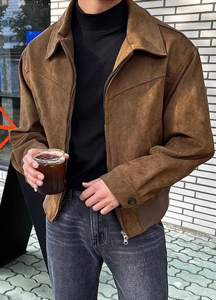 Threebooy Elegant Solid Brown Coat Men's Spring Autumn High-end Loose Lapel Plush Top Winter New Zipper Short Jacket Vintage Streetwear All-in-One Store