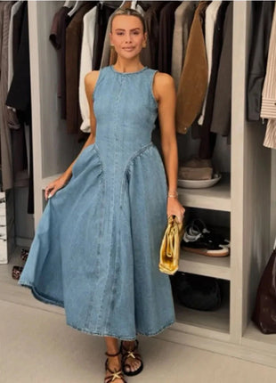 Fashion Solid Long Denim Vestidos Women Sleeveless OffShoulder Lace Up Backless Square Neck Jeans Dresses 2025 Chic Street Wear PfotenSpaß