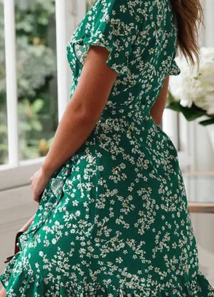 Boho Floral Print Ruffles Women Dress Summer Sexy V Neck Short Sleeve A Line Chiffon Mini Dresses Beach Vacation Sundress Kayle Clothes Store