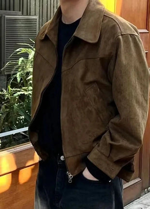 Threebooy Elegant Solid Brown Coat Men's Spring Autumn High-end Loose Lapel Plush Top Winter New Zipper Short Jacket Vintage Streetwear All-in-One Store