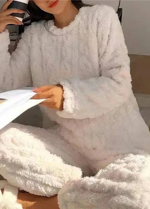 Soft Coral Velvet Jacquard Warm Pajama Set for Women Cozy Loungewear Outerwear for Winter Christmas Back to School Gift ﻿ Trendora Store