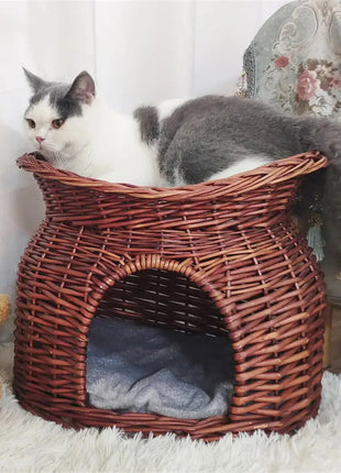 Cat Bed Hand Woven Wicker Bunk Basket 2 Tier Kitten Sleeping Cave Bed Brown and Beige Color with Soft Cushion Dropshipman
