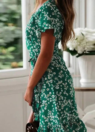 Boho Floral Print Ruffles Women Dress Summer Sexy V Neck Short Sleeve A Line Chiffon Mini Dresses Beach Vacation Sundress Kayle Clothes Store