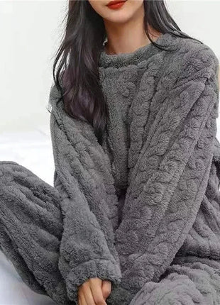 Soft Coral Velvet Jacquard Warm Pajama Set for Women Cozy Loungewear Outerwear for Winter Christmas Back to School Gift ﻿ Trendora Store