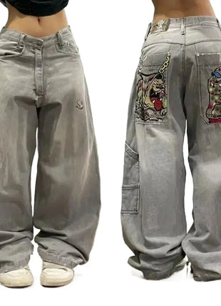 American Hip Hop Retro Gothic Print Jeans Women Y2K New Street Selling Fashion Loose Straight Wide Leg Pants Unisex Joker Jeans XiangMin Clothes Store