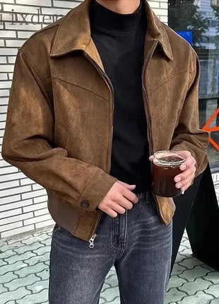Threebooy Elegant Solid Brown Coat Men's Spring Autumn High-end Loose Lapel Plush Top Winter New Zipper Short Jacket Vintage Streetwear All-in-One Store