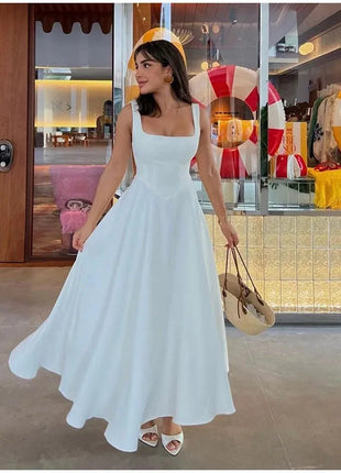 Fashion Solid Long Denim Vestidos Women Sleeveless OffShoulder Lace Up Backless Square Neck Jeans Dresses 2025 Chic Street Wear PfotenSpaß