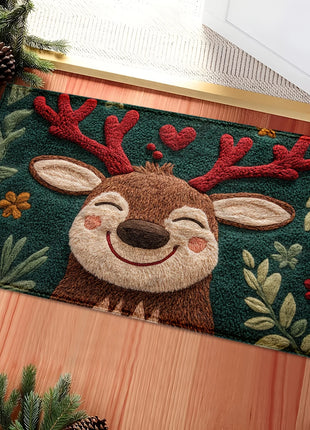 1pc Fluffy Christmas Deer Microfiber Bath Mat - Quick-Dry & Absorbent, Festive Holiday Design with Red Berries & Green Leaves