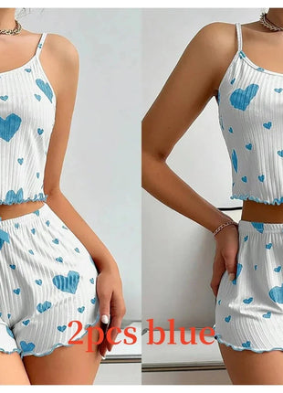 Women's Pajamas Set Sleepwear 2 PCS Short Tank Tops And Shorts S M L White Ventilate Soft Casual Love Printing Hottie Daily Store