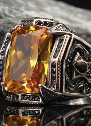 Men's Vintage Retro Handmade Carving Pattern Inlay Zircon Punk Ring Stone's Store