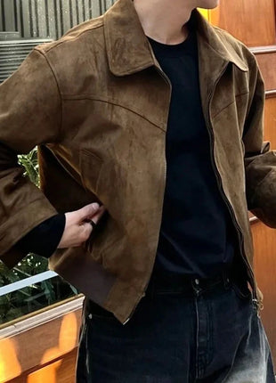 Threebooy Elegant Solid Brown Coat Men's Spring Autumn High-end Loose Lapel Plush Top Winter New Zipper Short Jacket Vintage Streetwear All-in-One Store