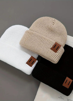 3 Pcs Boys Knit Leather Patch Beanie Hat Stone's Store
