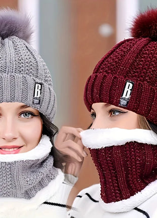 2PCS winter warm knit hat set Winter hat thick plush windproof cold casual warm hat scarf