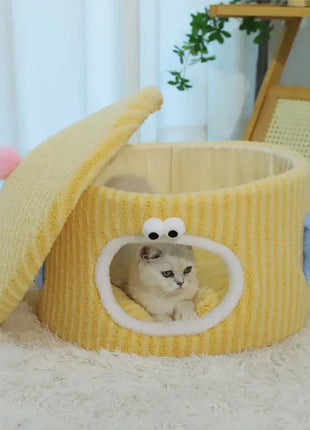 BOOTEELY Cute Cartoon Cat Bed Soft Corduroy Pet Cave With Adorable Face Design Warm Kitten Sleeping Nest Dropshipman
