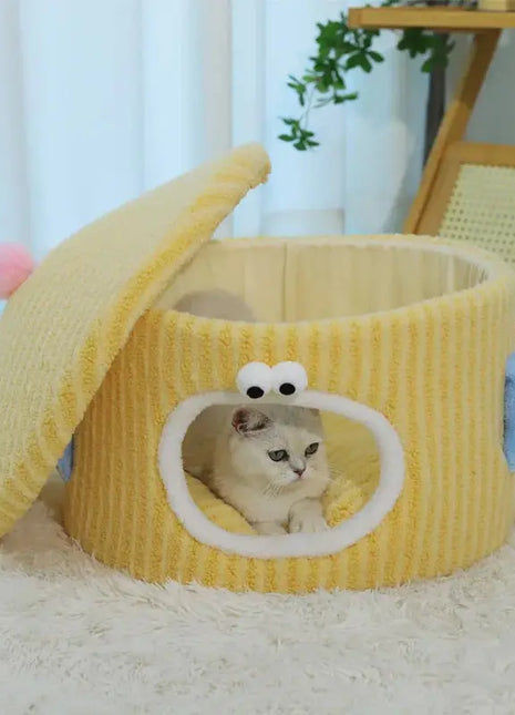 BOOTEELY Cute Cartoon Cat Bed Soft Corduroy Pet Cave With Adorable Face Design Warm Kitten Sleeping Nest Dropshipman