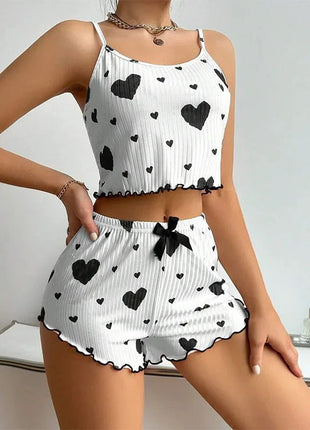Women's Pajamas Set Sleepwear 2 PCS Short Tank Tops And Shorts S M L White Ventilate Soft Casual Love Printing Hottie Daily Store