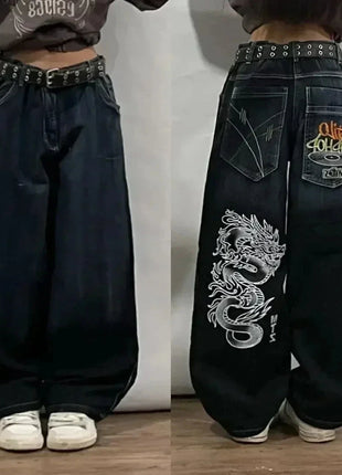 American Hip Hop Retro Gothic Print Jeans Women Y2K New Street Selling Fashion Loose Straight Wide Leg Pants Unisex Joker Jeans XiangMin Clothes Store