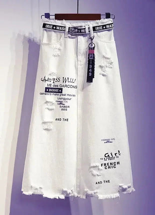 White Denim Letter Print Long Skirt Salty-Candy Store