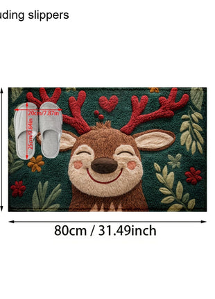 1pc Fluffy Christmas Deer Microfiber Bath Mat - Quick-Dry & Absorbent, Festive Holiday Design with Red Berries & Green Leaves