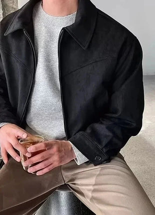 Threebooy Elegant Solid Brown Coat Men's Spring Autumn High-end Loose Lapel Plush Top Winter New Zipper Short Jacket Vintage Streetwear All-in-One Store