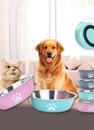 New stainless steel dog basin paw print pet supplies cat bowl dog bowl silicone anti-slip design pet drinking water feeding bowl Dropshipman