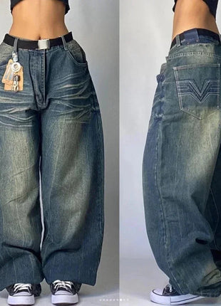 American Hip Hop Retro Gothic Print Jeans Women Y2K New Street Selling Fashion Loose Straight Wide Leg Pants Unisex Joker Jeans XiangMin Clothes Store