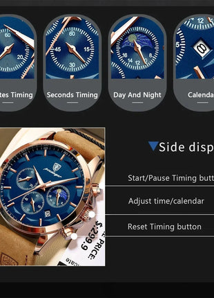 POEDAGAR Men Quartz Watch Luxury Sports Waterproof Chronograph Luminous Date Man Wristwatch Business Leather Men's Watches Clock Stone's Store