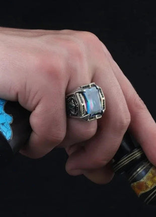 Men's Vintage Retro Handmade Carving Pattern Inlay Zircon Punk Ring Stone's Store