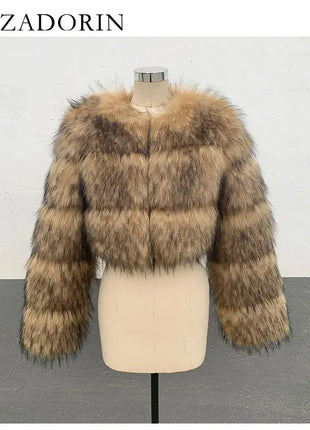 ZADORIN High Quality Cropped Faux Raccoon Fur Coat Women Winter ZADORIN Factory Store