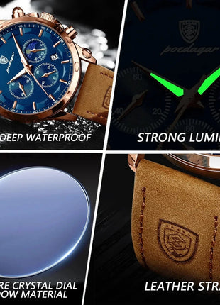 POEDAGAR Men Quartz Watch Luxury Sports Waterproof Chronograph Luminous Date Man Wristwatch Business Leather Men's Watches Clock Stone's Store