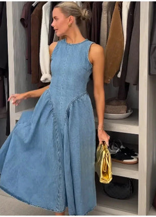 Fashion Solid Long Denim Vestidos Women Sleeveless OffShoulder Lace Up Backless Square Neck Jeans Dresses 2025 Chic Street Wear PfotenSpaß