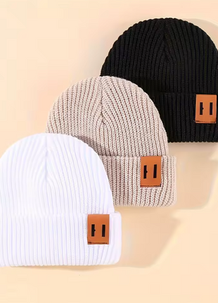 3 Pcs Boys Knit Leather Patch Beanie Hat Stone's Store