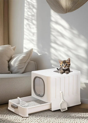 BingoPaw Cat Litter Tray Box: Foldable Top Entry Extra Large Cats Toilet with Lid Kitten Litter Tray Easy Cleaning Drawer Design Dropshipman