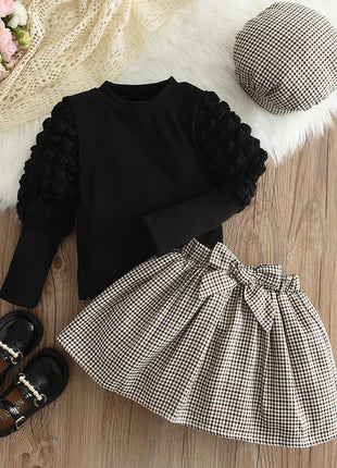 Girls' Round Neck Top & Plaid Set Small lovely world