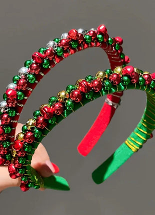 Festive Christmas Headband with Red & Green Beads, Golden Accents & Bell Charms - Hand-Wrapped Polyester Party Accessor