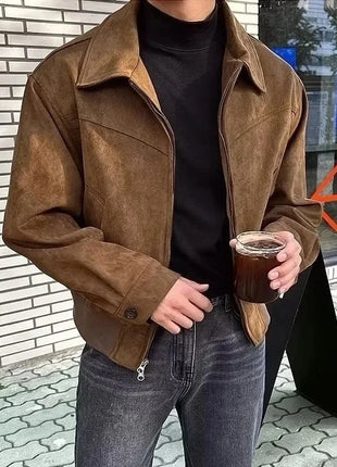 Threebooy Elegant Solid Brown Coat Men's Spring Autumn High-end Loose Lapel Plush Top Winter New Zipper Short Jacket Vintage Streetwear All-in-One Store