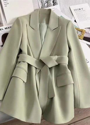 Women's Blazers Spring Autumn Suit Coat Beige Tie Up Jacket Slim Fit Stylish Top Outerwear Office Lady Blazer for Women Clothing QDMUCHENLUOKE Store